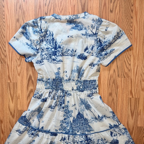 Blue White Toile Maxi Dress L Coastal Grandmother Cottagecore Tiered 100% Cotton - Picture 6 of 12